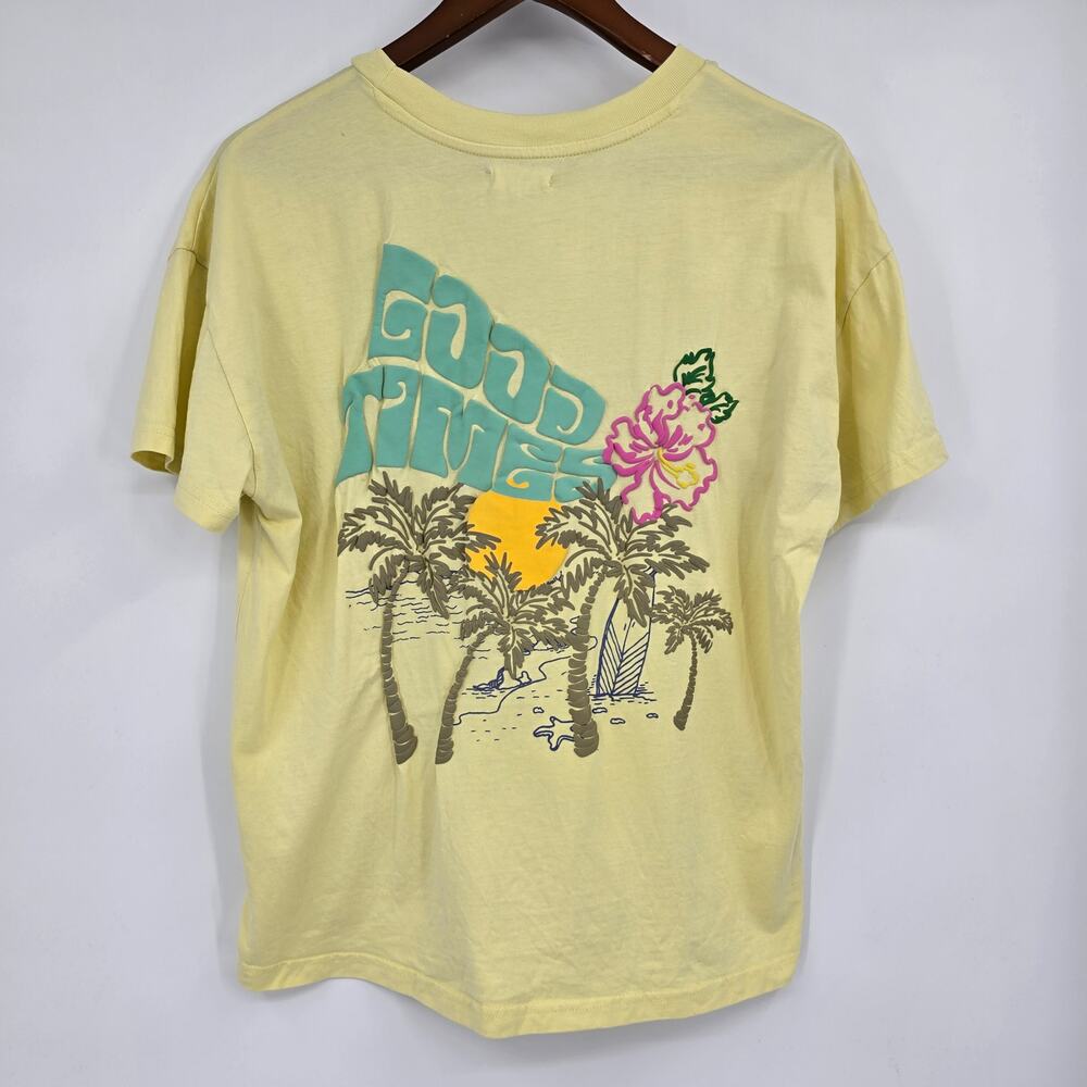Modish Rebel Good Times Tropical Graphic Tee Yellow Oversized Beachy Surf XS